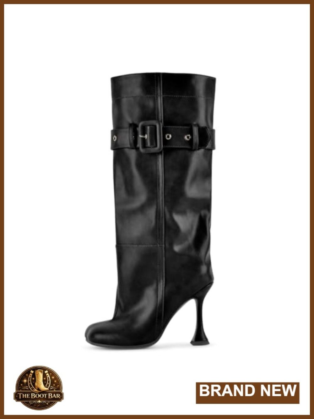 Slouch Square Toe Buckle Straps Wide Calf Stilettos Heel Knee High Boots Faux